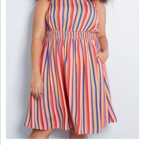 Striped dress with waist cinching detail